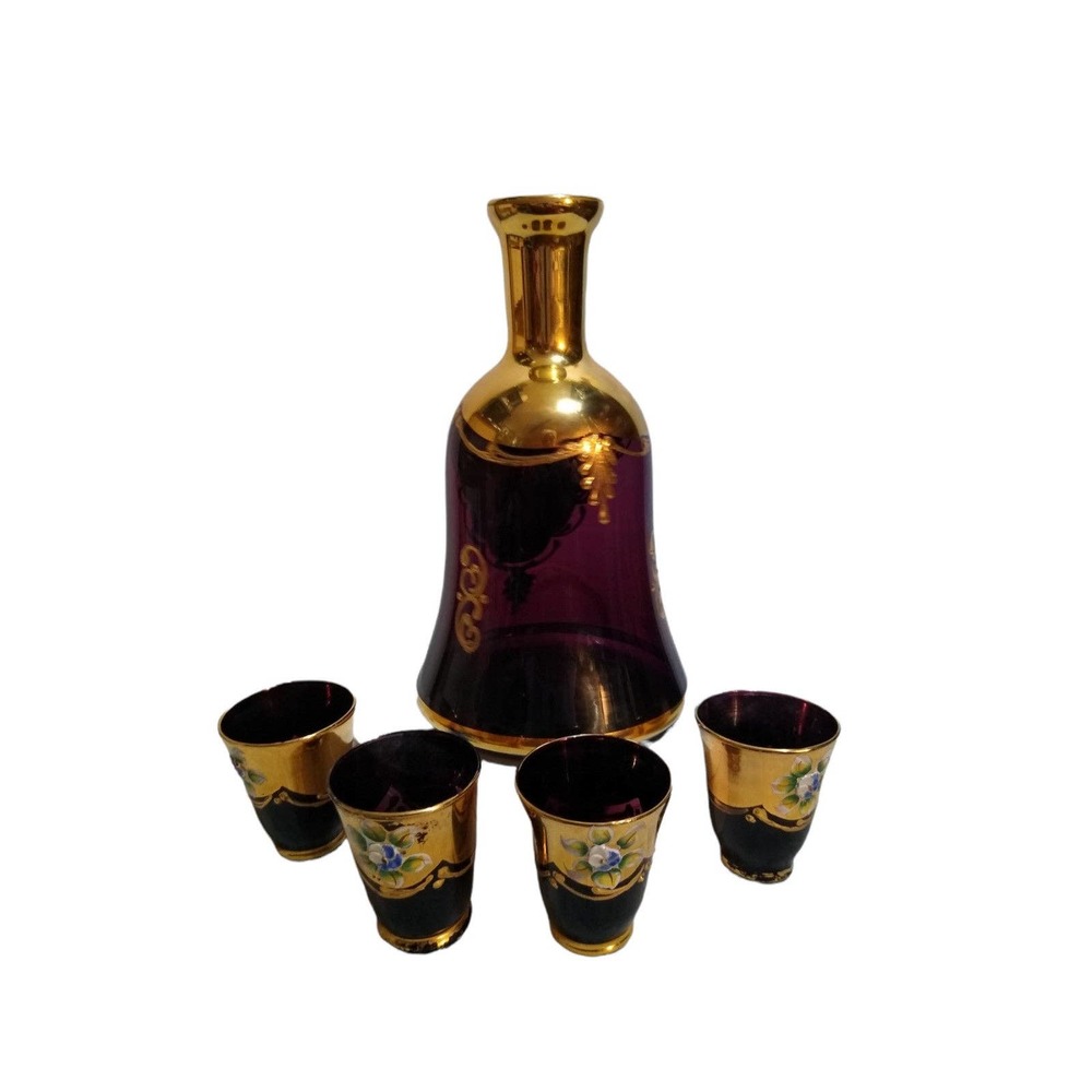 Vintage Bohemian amethyst Glass Decanter with 4 glasses, Hand painted Enamel Flo